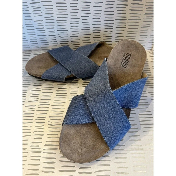Munro Extra‎ Light Walking Wedge Blue Denim Cork Cross Slip On Flats Sz 10 - Picture 1 of 8